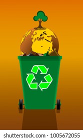 Earth globe with a growing tree in a garbage can, concept of pollution, vector illustration.