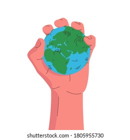 El globo terrestre en una mano. Ilustración conceptual de vectores de una mano que exprime el globo. Tierra azul y verde planetaria dentro de una palmera. Concepto de contaminación ambiental, minería, control de recursos