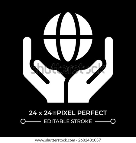 Earth globe in hands glyph ui icon isolated on black. Save planet ecology. International environment protection cooperation. Vector solid symbol dark mode. User interface element, pixel perfect