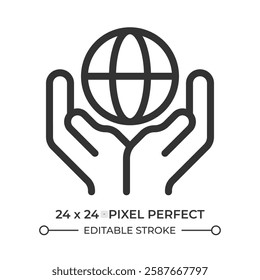 Earth globe in hands line ui icon. Save planet ecology. International environment protection cooperation. Isolated vector outline symbol. Webdesign user interface element linear, pixel perfect