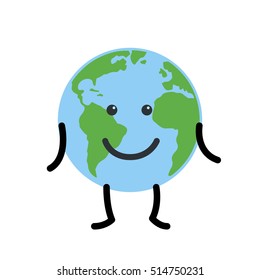 Earth globe happy cartoon. Isolated on white background. Flat planet icon. Vector illustration.