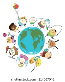 Planeta terrestre de niños felices ilustración vectorial