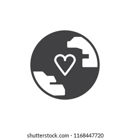Earth Globe with heart vector icon. filled flat sign for mobile concept and web design. Charity simple solid icon. Symbol, logo illustration. Pixel perfect vector graphics