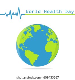 Earth globe with heartbeat in a flat design. World Health Day