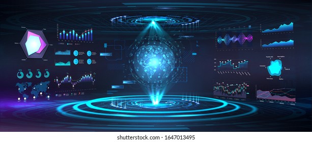 Earth Globe Hologram With HUD, UI, GUI Interface. Futuristic World Map Command Center. 3D World Map In Cyberspace. Scan Of The Globe, Sky-fi Elements. Military Interface. Vector Illustration