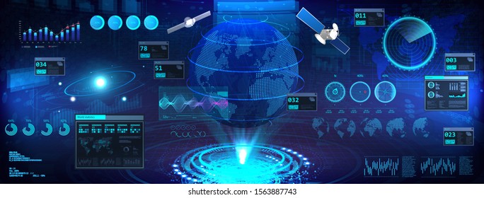 Earth globe in HUD, UI, GUI style. Futuristic world map hologram with interface. Сontrol center dashboard. 3D earth globe, sky-fi elements. Vector illustration Earth globe, HUD. Military interface