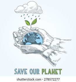 Earth globe in human hands planet protection care recycling save ecology concept.