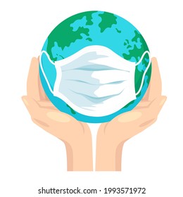 Earth globe in human hands wearing face mask. Earth in sick condition, earth in pandemic condition, illustration concept.