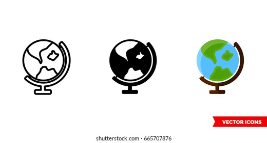 Earth globe icon of 3 types: color, black and white, outline. Isolated vector sign symbol.