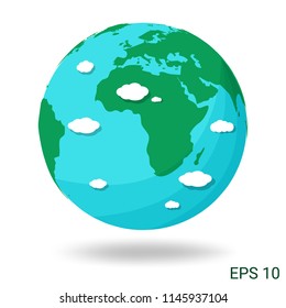 Earth globe icon and cloud on white background. Beautiful planet. world map.