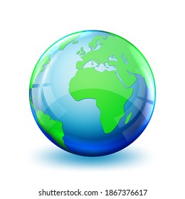 Icono de globo terrestre aislado. 3D globo. Mapa del mundo brillante. Ilustración vectorial.