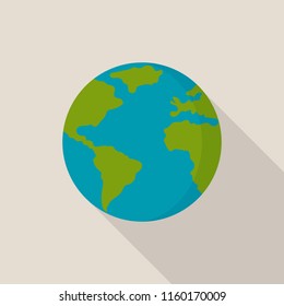Earth globe icon with long shadow on gray background, flat design style