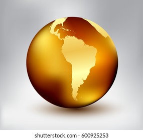 Earth globe icon with map of South America.Vector golden world globe.