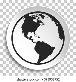 Earth Globe Icon on White Plate. Earth on Plate Vector Illustration. Black Earth with America View, Travel and Transportation Concept on transparent background.