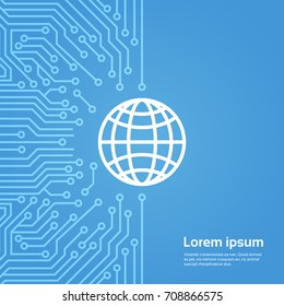 Earth Globe Icon Over Computer Chip Moterboard Background Banner Vector Illustration