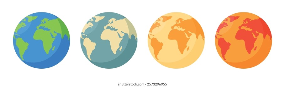 Earth globe icon set of global warming stages in various color isolated on white background. Global warming stages set. World Map in circle. Earth Globes collection.