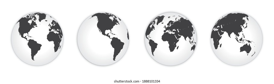 Earth globe icon set. earth hemispheres with different continents. world map vector isolated on white background.