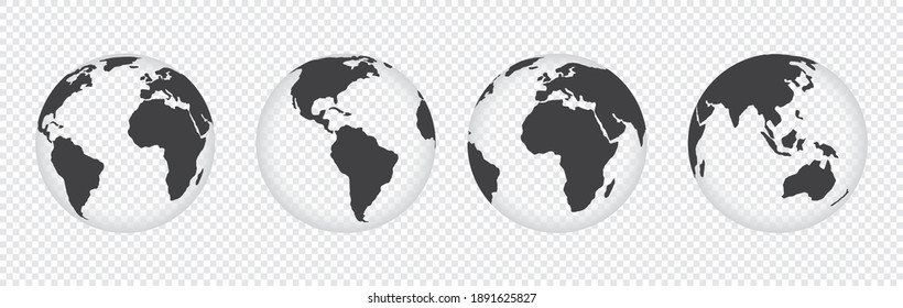 Juego de iconos del globo terrestre. hemisferios terrestres con diferentes continentes. vector de mapa mundial aislado en fondo transparente.