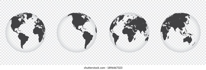 Earth globe icon set. earth hemispheres with different continents. world map vector isolated on transparent background.