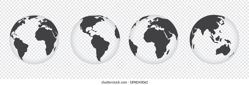Earth globe icon set. earth hemispheres with different continents. world map vector isolated on transparent background.
