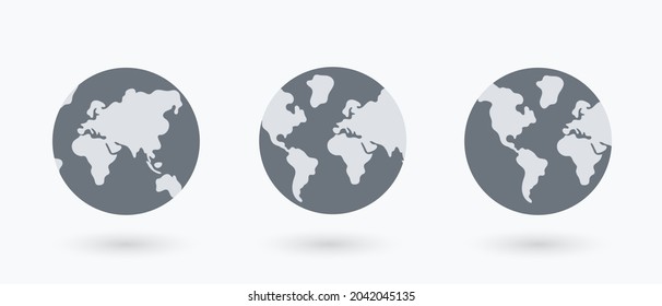 Earth Globe Icon Set. Die Erde hat Hemisphären mit Kontinenten. Realistische Weltkarte in globaler Form. Vektorgrafik.