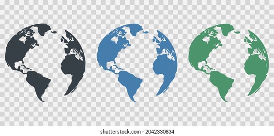 Earth globe icon set. Earth hemispheres with different continents. World map vector isolated on transparent background.