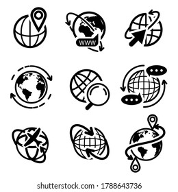 Earth globe icon set. Isolated flat world map symbol line icon collection. Planet earth globe with arrows and pointer signs. Vector global internet, logistic travel, communication network concept