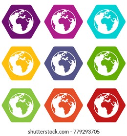 Earth globe icon set many color hexahedron isolated on white vector illustration