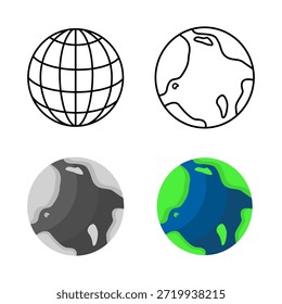 Earth Globe-Symbol in mehreren Stilen mit Liniengitterkugel, Umriss-Planet, monochromer Erde und farbiger flacher Weltabbildung einzeln auf weißem Hintergrund