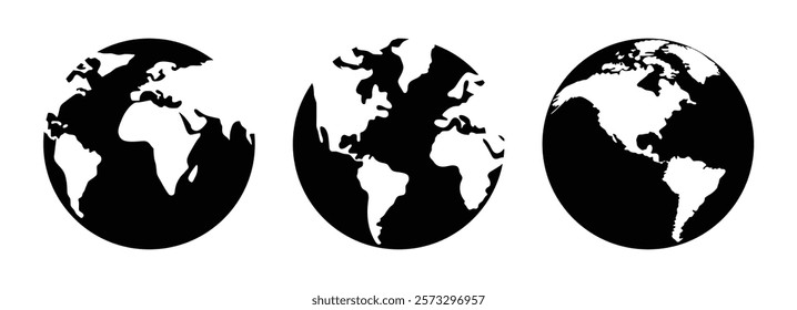 Earth globe icon set vector illustration in black and white color. World map in circle. Earth globes collection. World map in modern simple styles. Earth map, isolated on white background.