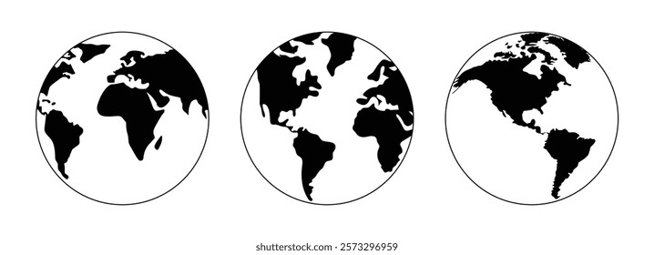 Earth globe icon set vector illustration in black and white color. World map in circle. Earth globes collection. World map in modern simple styles. Earth map, isolated on white background.