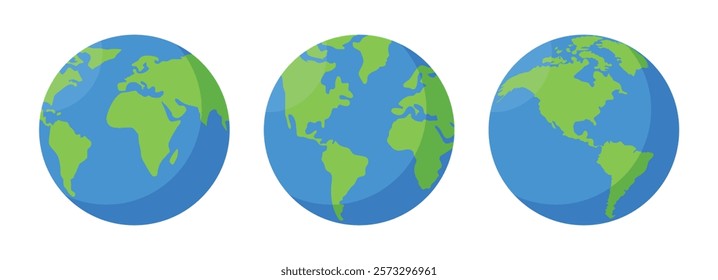 Earth globe icon set vector illustration in green and blue color. World map in circle. Earth globes collection. World map in modern simple styles. Earth map, isolated on white background.