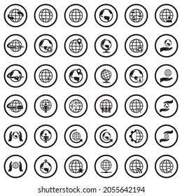 Earth Globe Icons. Black Flat Design In Circle. Vector Illustration.