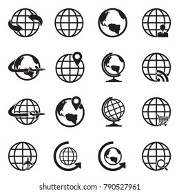 Earth Globe Icons. Black Flat Design. Vector Illustration. 