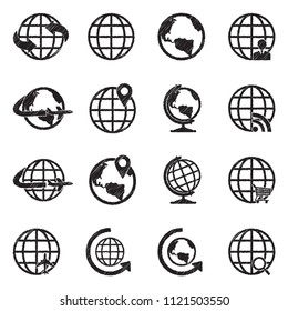 Earth Globe Icons. Black Scribble Design. Vector Illustration.
