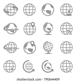 Earth Globe Icons. Gray Flat Design. Vector Illustration. 