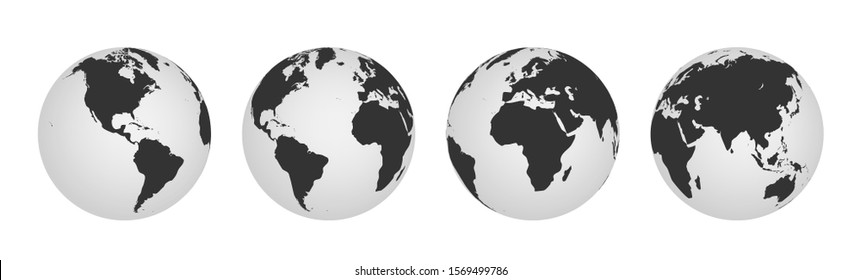 Ikony globu ziemskie. półkule ziemi z kontynentami. wektor mapa świata zestaw.