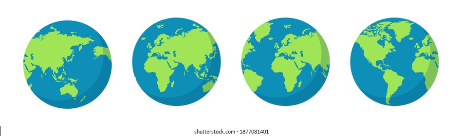 Earth globe icons. Earth hemispheres with continents. Vector world map set.