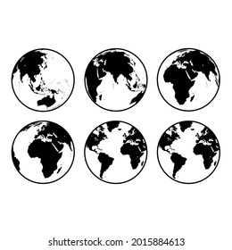 Earth globe icons. earth hemispheres with continents. vector world map set. Isolated on a blank background which can be edited and changed colors.