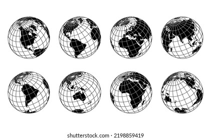 Earth globe icons. earth hemispheres with continents. vector world map set.