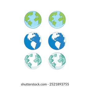 Erdkugelsymbole. Erdhalbkugeln mit Kontinenten. Vektorwelt-Kartensatz. Einfache Planetensymbole mit flacher Erde. Globale Karte Kreis Design Vektor Farbe Silhouetten für Weltreise Geografie.