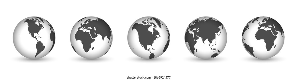 Earth globe icons isolated. World map icons. Hemispheres of earth with a different continents. Vector illustration.