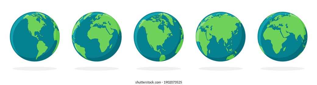 Earth globe icons isolated. World map icons. Set of color hemispheres of earth with a different continents. Vector illustration.
