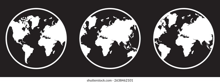 Earth globe icons set in a row. Panorama view. Earth globe White icons isolated on Black background. Earth globe in flat design. Eps10.