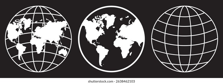 Earth globe icons set in a row. Panorama view. Earth globe White icons isolated on Black background. Earth globe in flat design. Eps10.