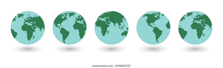 Earth Globe Icons Set Vector Illustration. Collection Globes with World Maps with Shadow on white Background. Set Earth Globe Hemispheres with Continents. International Earth Day.