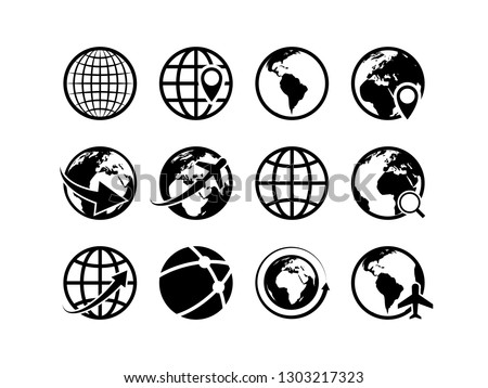 Earth globe icons. World map geography internet global commerce international tourism vector globe symbol set