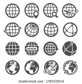 Earth globe icons. Worldwide map spherical planet, geography continent contour, world orbit global communication tourism logo vector symbols. Internet search, flying plane pictograms