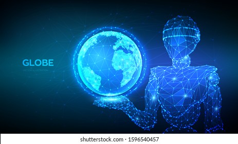 Earth globe illustration. Abstract 3d low polygonal robot holding planet. Global network connection. Blue futuristic background with planet Earth. Internet and technology. Vector illustration.