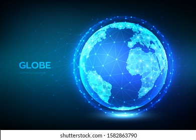 Earth globe illustration. Abstract polygonal planet. Low poly design. Global network connection. Blue futuristic background with planet Earth. Internet and technology. Vector illustration.